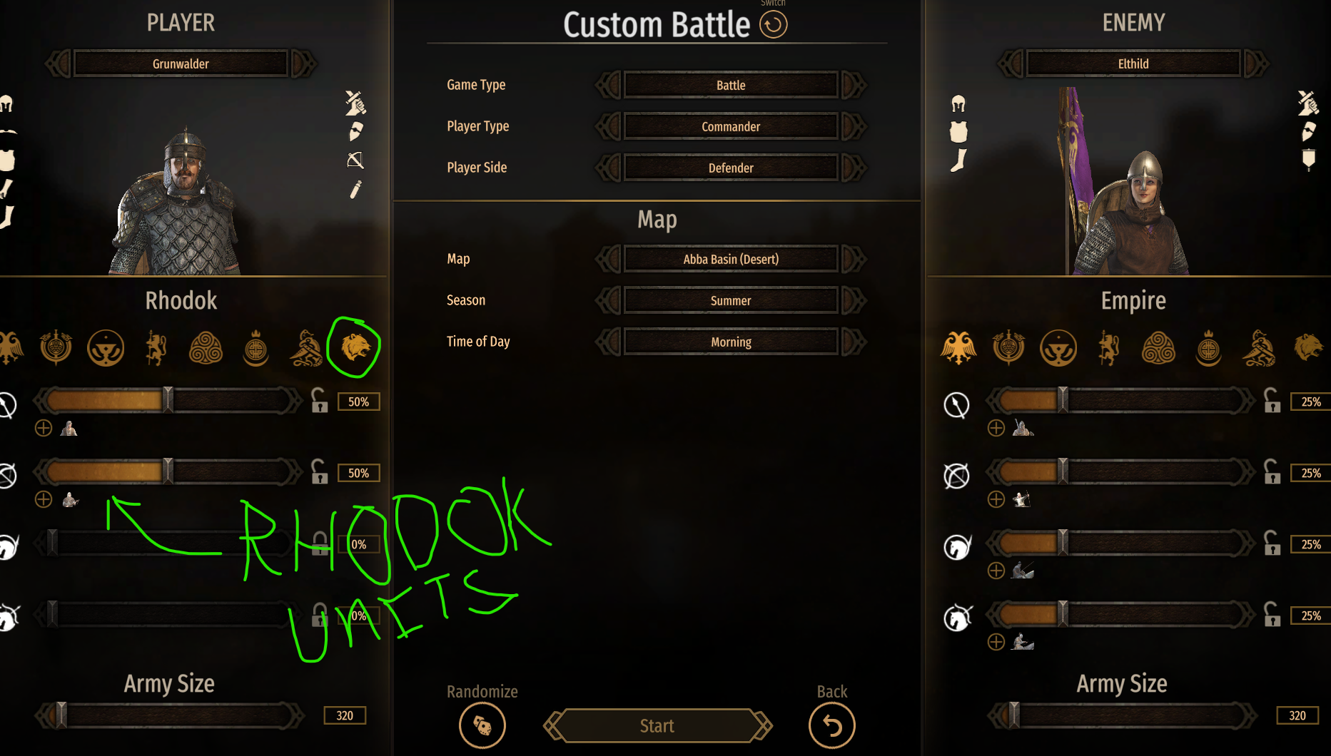 A custom faction (Rhodok) selectable in Custom Battle, with its bear crest in the faction row